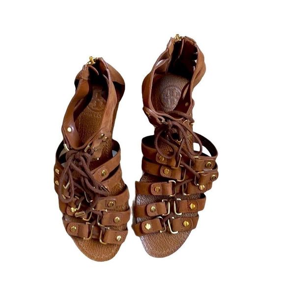 Tory Burch Gladiator Brown Sandal Gold 6 1/2 M Leather Wedge Ankle Strap Boho - Picture 4 of 14